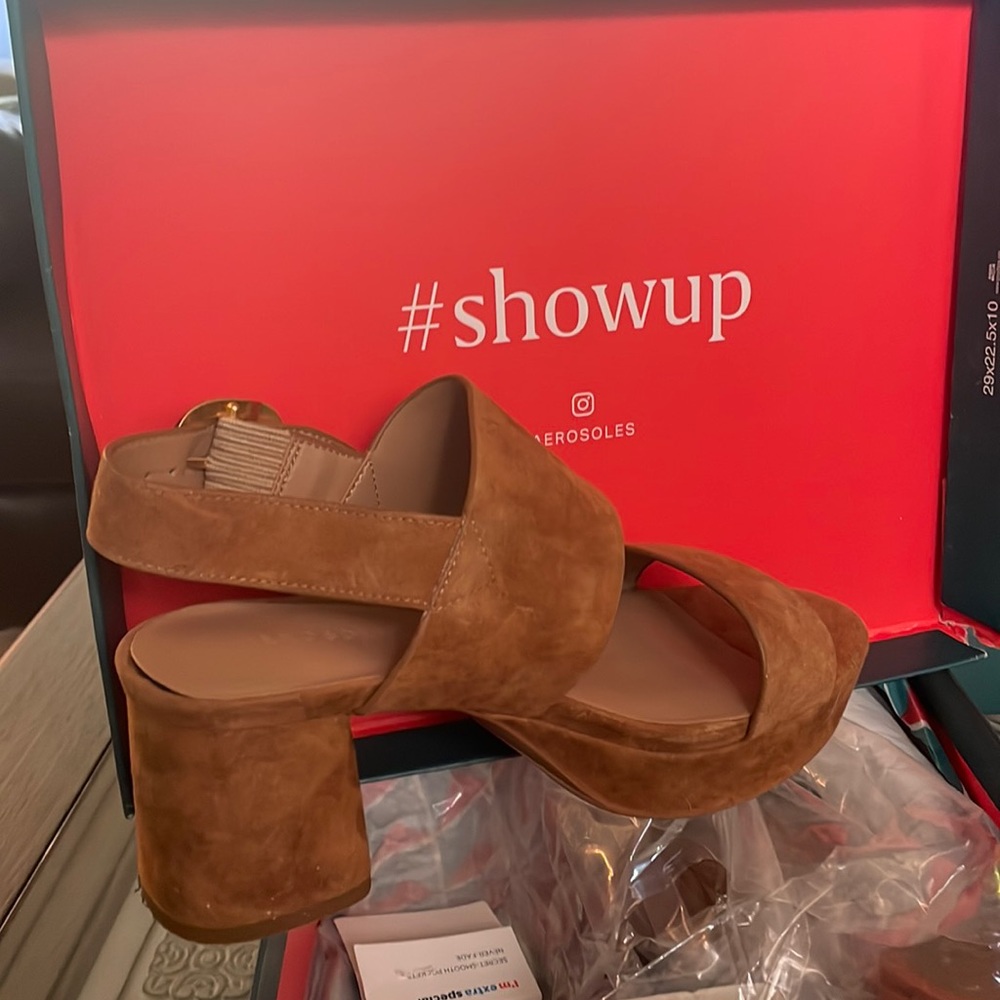 Suede Aerosoles platform comfort shoes in cognac.